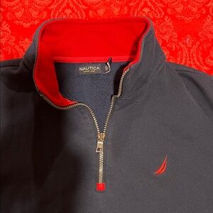 Nautica Navy Quarter Zip Pullover Sweater Red Trim M